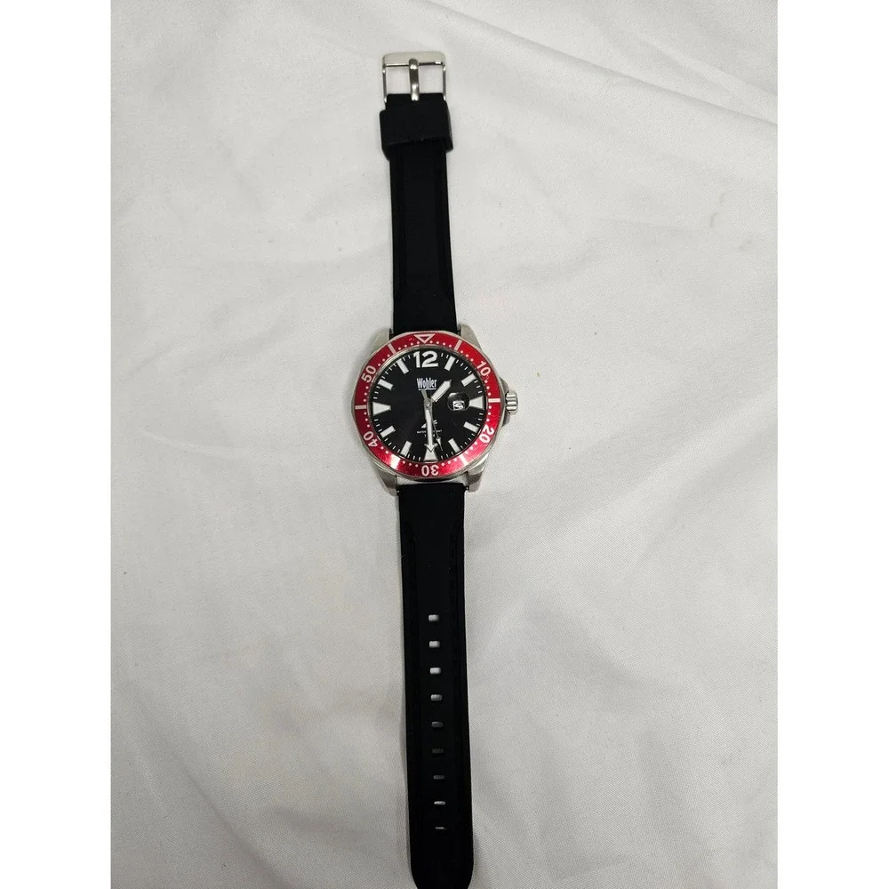 Wohler Diver Down Mens Watch Red Bezel Black Dial Silicone Strap 10ATM‎ 16063